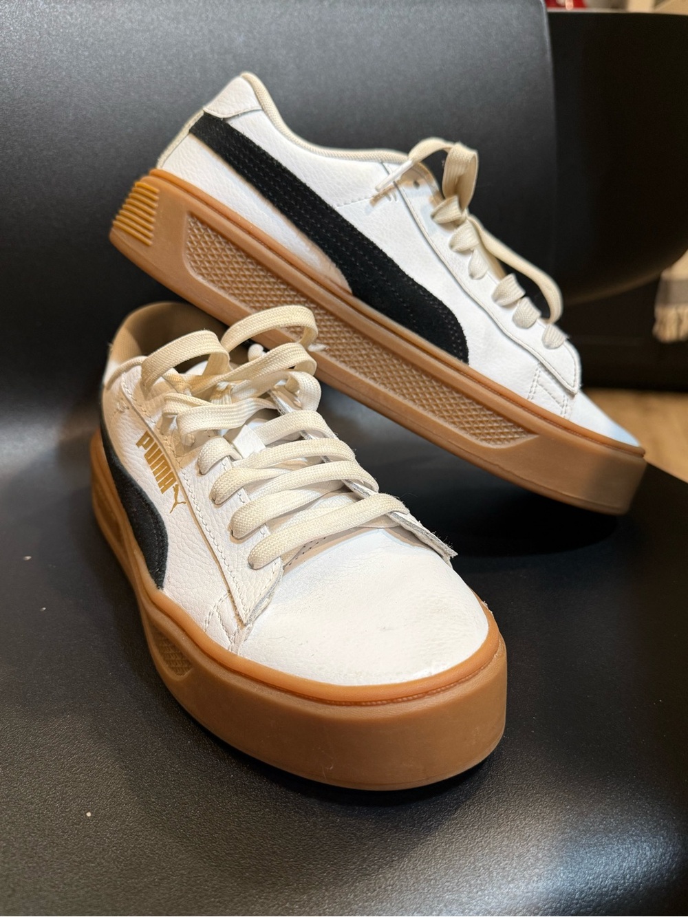 Puma White Leather Sneakers with Black Formstripe and Gum Platform